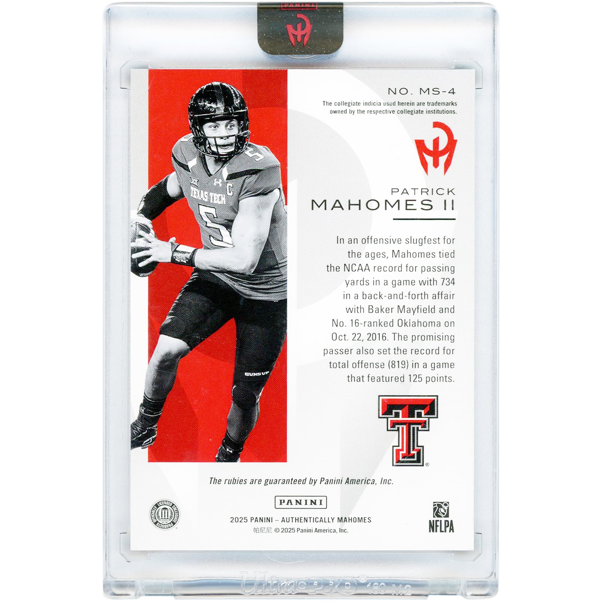 Patrick Mahomes Texas Tech Red Raiders 2025 Panini Authentically #MS-4 #1/15 Card